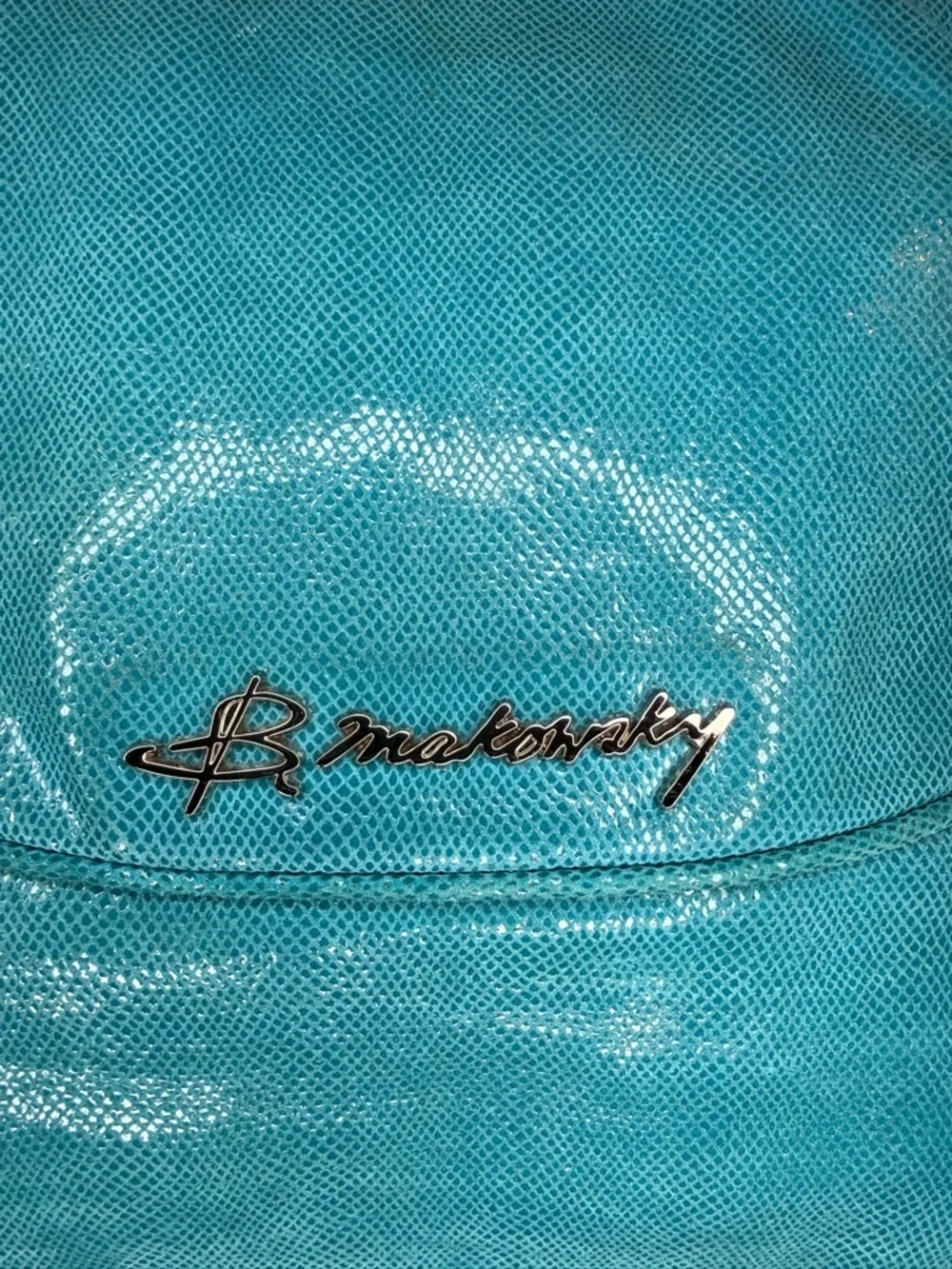 B Makowsky Blue Turquoise Silver Snake Embossed Soft Leather Large Handbag